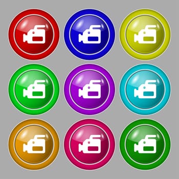 video camera icon sign. symbol on nine round colourful buttons. illustration