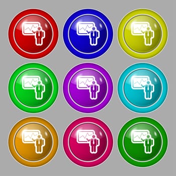 businessman making report icon sign. symbol on nine round colourful buttons. illustration