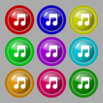 Music note icon sign. symbol on nine round colourful buttons. illustration