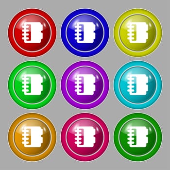 Notepad, calendar icon sign. symbol on nine round colourful buttons. illustration