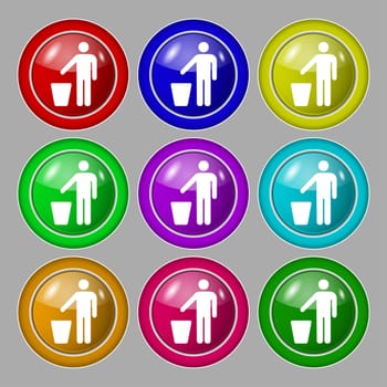 throw away the trash icon sign. symbol on nine round colourful buttons. illustration