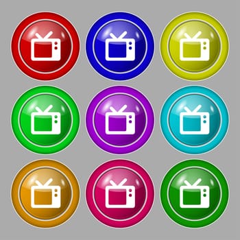 Retro TV icon sign. symbol on nine round colourful buttons. illustration