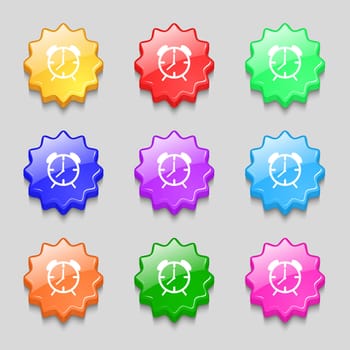 Alarm clock sign icon. Wake up alarm symbol. Symbols on nine wavy colourful buttons. illustration