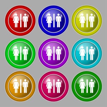 silhouette of a man and a woman icon sign. symbol on nine round colourful buttons. illustration