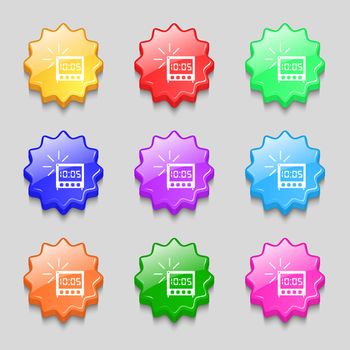 digital Alarm Clock icon sign. Symbols on nine wavy colourful buttons. illustration