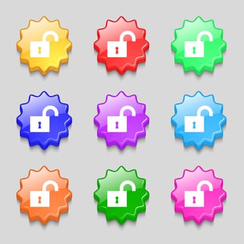 open lock icon sign. symbol on nine wavy colourful buttons. illustration