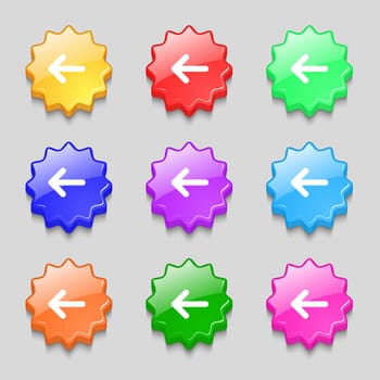 Arrow left, Way out icon sign. symbol on nine wavy colourful buttons. illustration