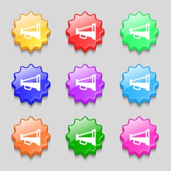 Megaphone soon, Loudspeaker icon sign. symbol on nine wavy colourful buttons. illustration