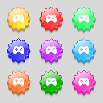 Joystick icon sign. symbol on nine wavy colourful buttons. illustration