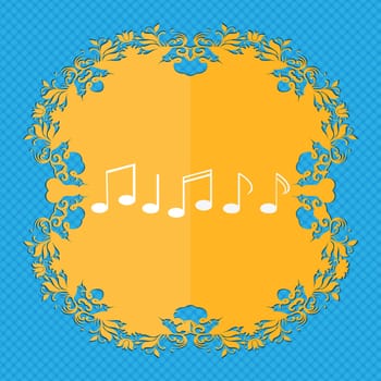 Music note sign icon. Musical symbol. Floral flat design on a blue abstract background with place for your text. illustration