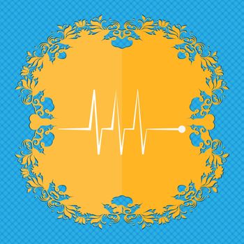 Cardiogram monitoring sign icon. Heart beats symbol. Floral flat design on a blue abstract background with place for your text. illustration