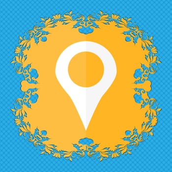 Map pointer, GPS location . Floral flat design on a blue abstract background with place for your text. illustration