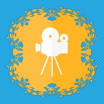 Video camera sign icon.content button. Floral flat design on a blue abstract background with place for your text. illustration