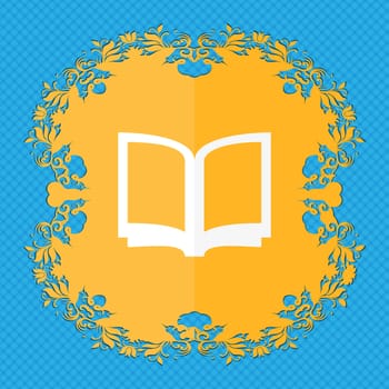 Open book . Floral flat design on a blue abstract background with place for your text. illustration