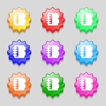 Notepad, calendar icon sign. symbol on nine wavy colourful buttons. illustration