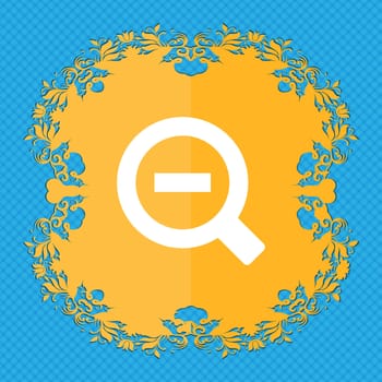 Magnifier glass, Zoom tool . Floral flat design on a blue abstract background with place for your text. illustration