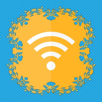 Wifi sign. Wi-fi symbol. Wireless Network icon zone. Floral flat design on a blue abstract background with place for your text. illustration