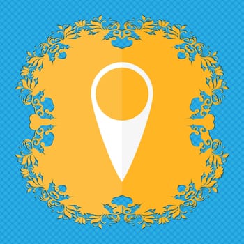 Map pointer icon. GPS location symbol. Floral flat design on a blue abstract background with place for your text. illustration