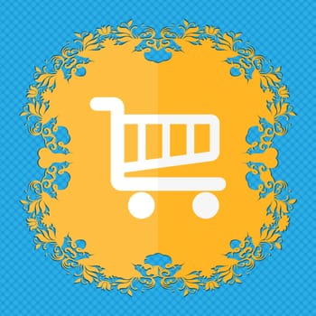 Shopping Cart sign icon. Online buying button. Floral flat design on a blue abstract background with place for your text. illustration