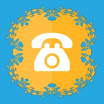 Retro telephone . Floral flat design on a blue abstract background with place for your text. illustration