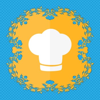 Chef hat sign icon. Cooking symbol. Cooks hat. Floral flat design on a blue abstract background with place for your text. illustration