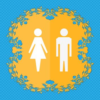 WC sign icon. Toilet symbol. Male and Female toilet. Floral flat design on a blue abstract background with place for your text. illustration
