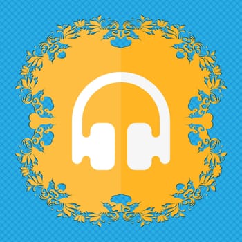 Headphones, Earphones . Floral flat design on a blue abstract background with place for your text. illustration