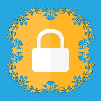 Pad Lock icon. Floral flat design on a blue abstract background with place for your text. illustration