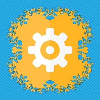 Cog settings, Cogwheel gear mechanism . Floral flat design on a blue abstract background with place for your text. illustration