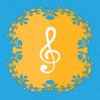 treble clef icon. Floral flat design on a blue abstract background with place for your text. illustration
