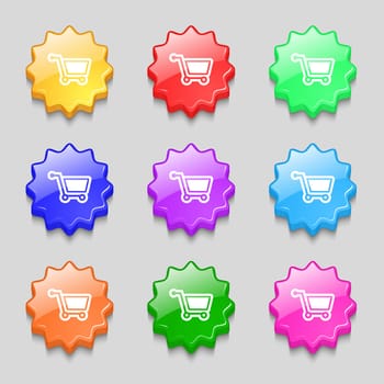 shopping cart icon sign. symbol on nine wavy colourful buttons. illustration