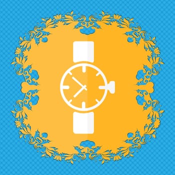 watches icon symbol . Floral flat design on a blue abstract background with place for your text. illustration