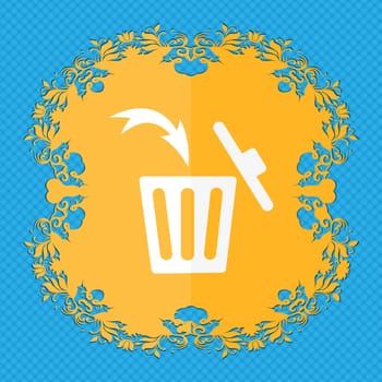 Recycle bin sign icon. Floral flat design on a blue abstract background with place for your text. illustration