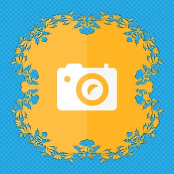 Digital photo camera . Floral flat design on a blue abstract background with place for your text. illustration