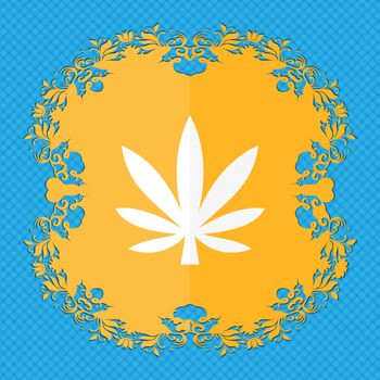 Cannabis leaf . Floral flat design on a blue abstract background with place for your text. illustration