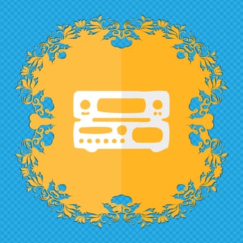 radio, receiver, amplifier. Floral flat design on a blue abstract background with place for your text. illustration