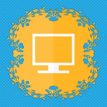 Computer widescreen monitor . Floral flat design on a blue abstract background with place for your text. illustration