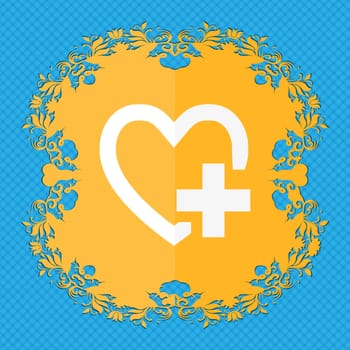 Heart sign icon. Love symbol. Floral flat design on a blue abstract background with place for your text. illustration