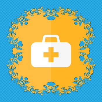 medicine chest . Floral flat design on a blue abstract background with place for your text. illustration