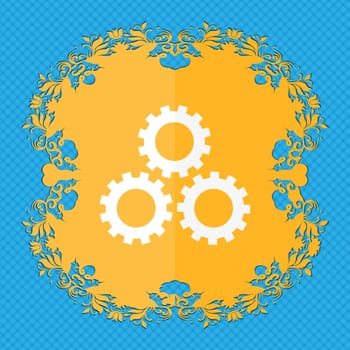 Cog settings sign icon. Cogwheel gear mechanism symbol. Floral flat design on a blue abstract background with place for your text. illustration