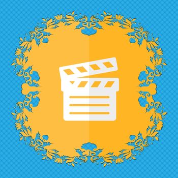 Cinema Clapper. Floral flat design on a blue abstract background with place for your text. illustration