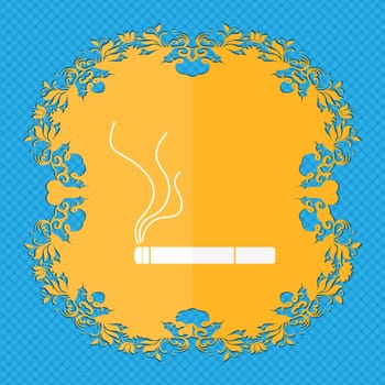 Smoking sign icon. Cigarette symbol. Floral flat design on a blue abstract background with place for your text. illustration