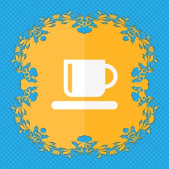 Coffee cup . Floral flat design on a blue abstract background with place for your text. illustration