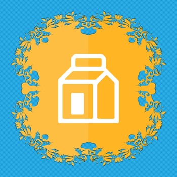 Milk, Juice, Beverages, Carton Package . Floral flat design on a blue abstract background with place for your text. illustration