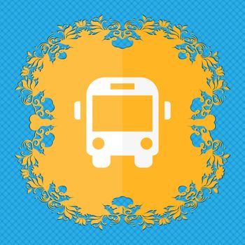 Bus . Floral flat design on a blue abstract background with place for your text. illustration