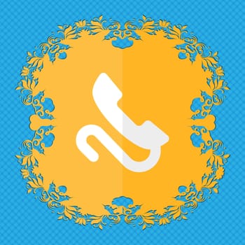 retro telephone handset. Floral flat design on a blue abstract background with place for your text. illustration