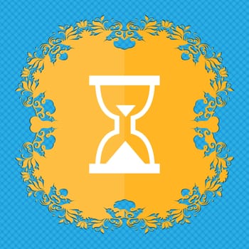Hourglass, Sand timer . Floral flat design on a blue abstract background with place for your text. illustration