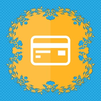 Credit, debit card . Floral flat design on a blue abstract background with place for your text. illustration