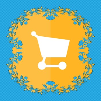 Shopping basket . Floral flat design on a blue abstract background with place for your text. illustration