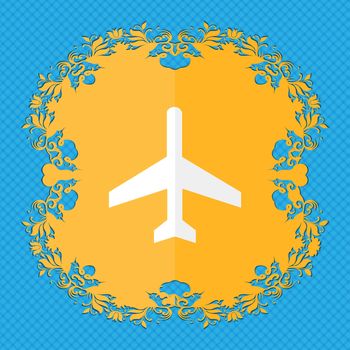 airplane. Floral flat design on a blue abstract background with place for your text. illustration
